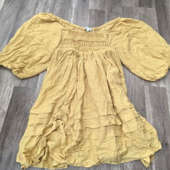 DAVI & DANI Dresses & Skirts - Festival Mustard Yellow Boho Peasant Dress Crochet Yoke Revolve Mini Puff Sleeve